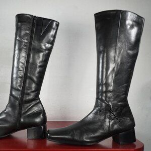 Women's Black Leather Knee High Low Heel Long Tall Fashion Boots 10.5